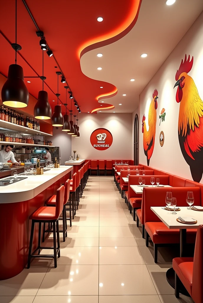 A hall for a restorant, Walls panited white and red and Has a Chicken picture, an open kitchen on the left side and chefs working, red and white abstract cceiling with d/f spot lights, redish Brown light from the spot lights
