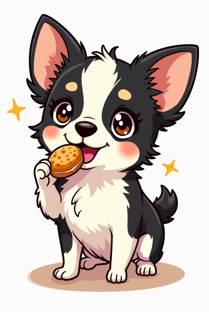 Chihuahua, black and white face, white body, black sides of belly, black butt, fluffy ears, brown eyebrows, sparkling eyes, manga style, eating food, LINE stamp style, short legs