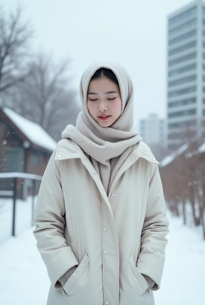japanese muslim girl, pasmina hijab, perfect body figure, thick winter jacket with hood, white jacket, snowy city landscape