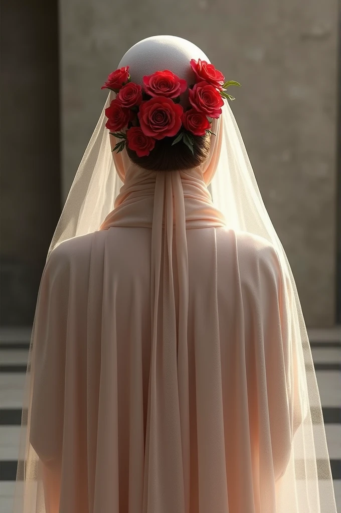 A hijabi bride from the back, her hair bun is covered with red roses. No skin or hair will be visible, everything will be covered with hijab/skarf. Also add a transparent veil over her head, through which, the red roses over her bun will be visible