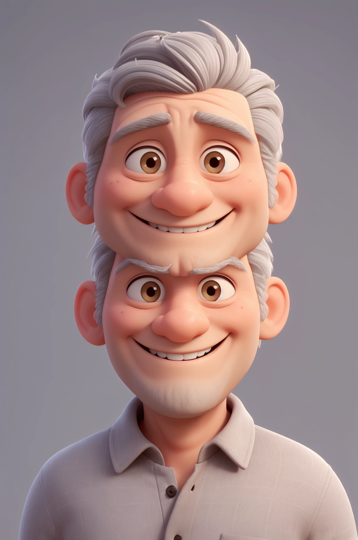 A person, A 4 man, hair grey, with a still very youthful appearance, wide smile, without any beard