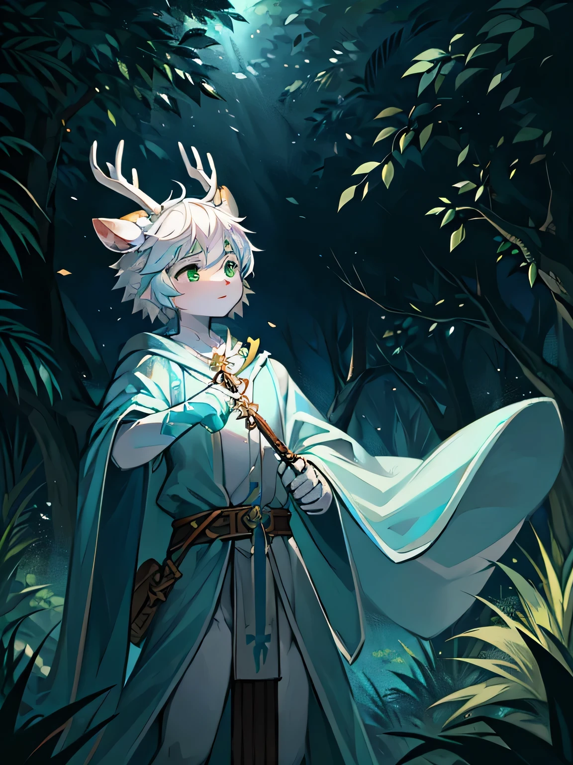 A white deer，Green Eyes，In the jungle，Blue long sword，Scabbard，forest，Falling leaves，White robe，Flowing robe，Sky full of leaves，cute，Sword at waist，Cyan decoration，Knights，White hair，magic，Practicing，Martial Arts