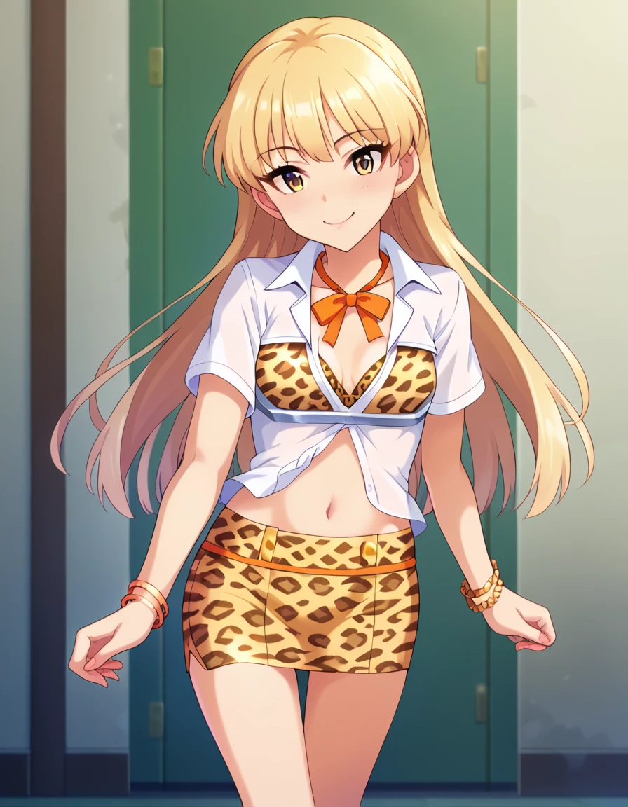 score_9, score_8_superior, score_7_superior, sauce_anime,
evaluation_Sensitive, Sexually suggestive,Browsing Caution,eye shadow,Vulgar,
(masterpiece, Highest quality), One person, Arika, Long Hair, 両面をsuperiorにして, Hair ties, Small breasts, Belly button, clavicle,Leopard print underwear, Neck ribbon, Collared shirt, Gal, bracelet,mini skirt, Orange Skirt,Show off your pants,