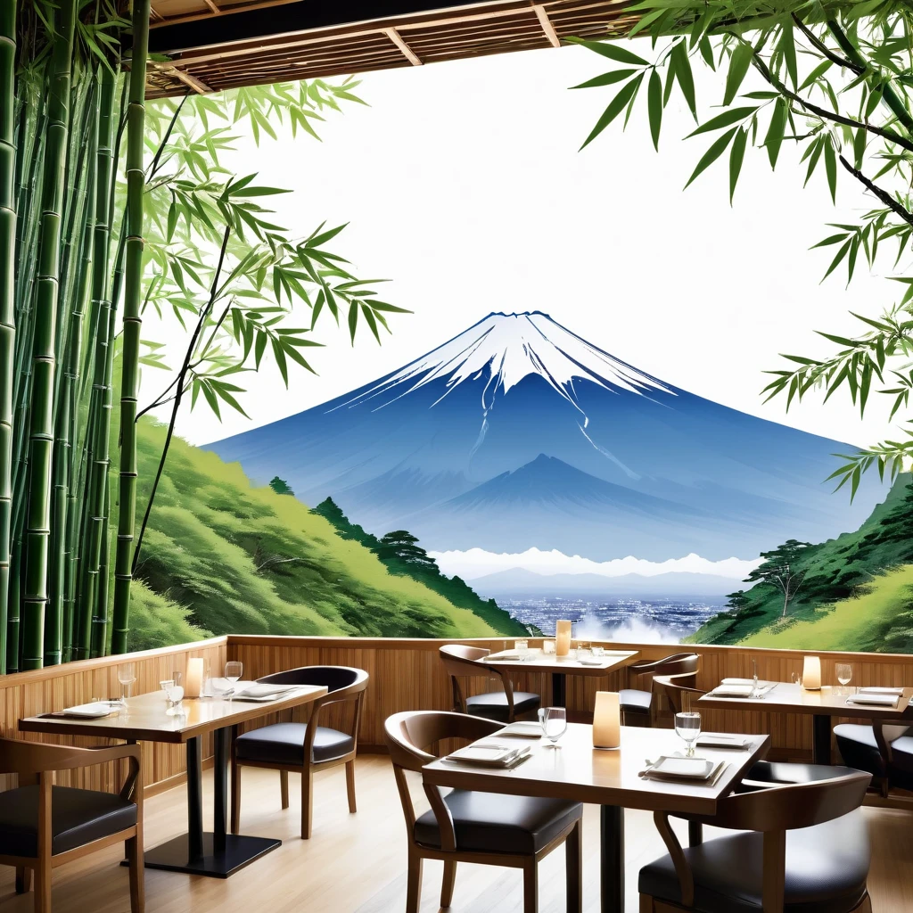 The logo of a restaurant in a mountain rich in nature in Japan
Restaurant logo with a view of Mt. Fuji
White background
Black and white two-tone coloring design
achromatic design
Luxury and elegant design
Italian and Japanese restaurants
Draw bamboo bushes, bamboo leaves, etc. on the logo
Pretty cool
Stylish design
chic and modern design
