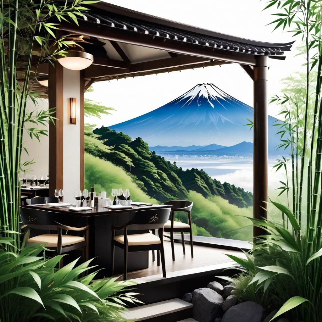 The logo of a restaurant in a mountain rich in nature in Japan
Restaurant logo with a view of Mt. Fuji
White background
Black and white two-tone coloring design
achromatic design
Luxury and elegant design
Italian and Japanese restaurants
Draw bamboo bushes, bamboo leaves, etc. on the logo
Pretty cool
Stylish design
chic and modern design