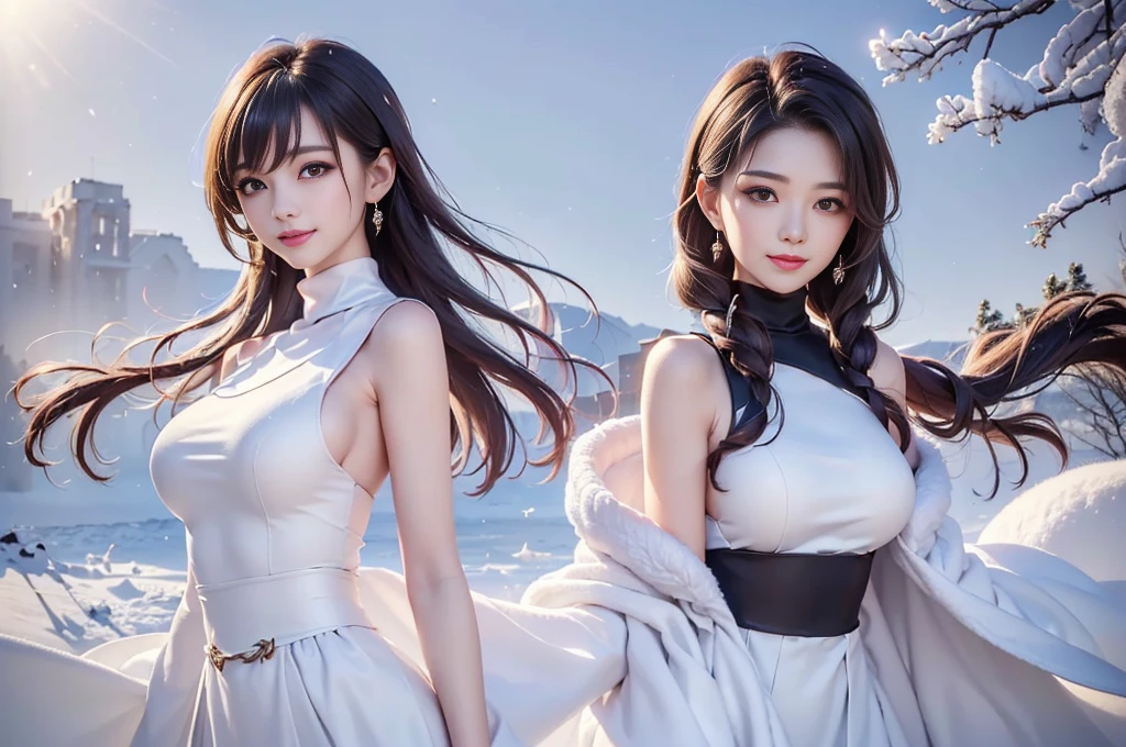 (From the waist up:1.5)((masterpiece:1.5、8k、Portraiture、フォトリアリスティックでVery detailedなCG、Very detailed、Particle Effects、Dynamic Effects、Written boundary depth、Cinematic Light、Lens flare、Ray Tracing、Tabletop、Realistic:1.4、Ultra-high resolution:1.2))((1girl, honeystyle, winter, Turtleneck dress,Sleeveless、Woman in a black fur coat:1.4、sideboob、bright表情、young, bright, Whiter skin、Small breasts:1.4、Cute Face、Grey hair with shiny highlights:1.8、bright and shiny hair,、Arranged Hair、Hair dancing in the wind))(morning、In the background is a snowy hill overlooking the ruins....)