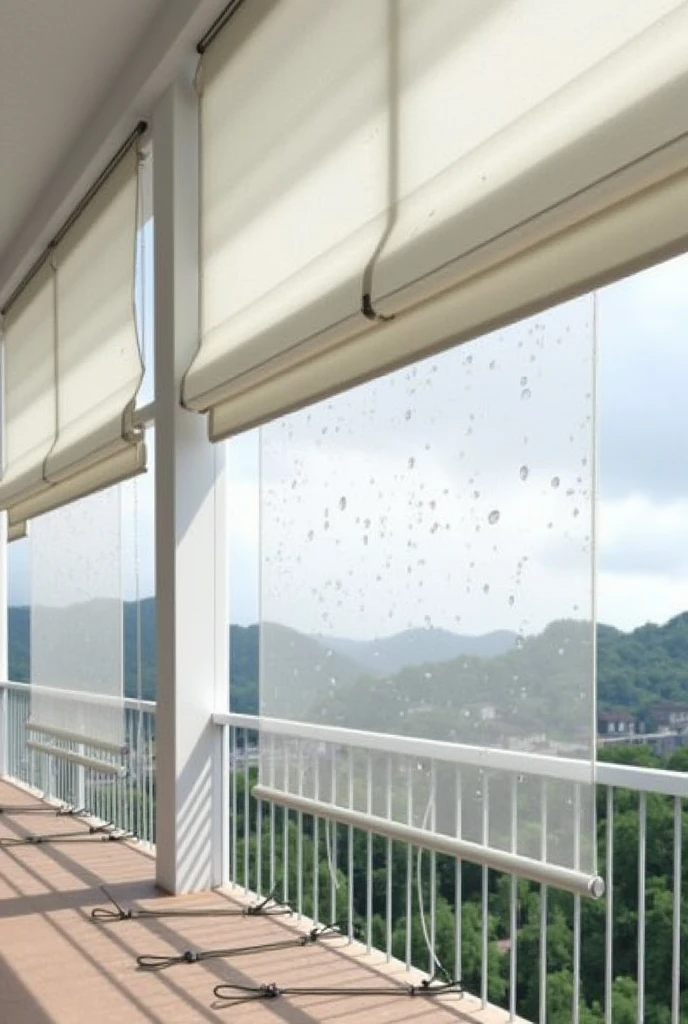 
1. Material and Texture: Monsoon blinds are usually made of heavy-duty, water-resistant materials like PVC plastic The texture might appear slightly glossy or matte, depending on the material.

2. Color: Monsoon blinds are often neutral or transparent . They might also be in light shades to blend with outdoor settings.
3.Transparency: Some monsoon blinds are semi-transparent, allowing light to filter through while still providing protection from rain.

4. Edges and Fastenings: The edges of the blinds should have reinforced seams, often with eyelets for hooks or ties. They might also include steel wires attach to ground from ties. 

5. Installation: Monsoon blinds are typically installed in outdoor settings, like patios or balconies. You might want to depict them hanging from a structure, with visible ropes or hooks securing them at the top and sometimes at the bottom.

6. Background and Environment: The surroundings could include rain or cloudy skies, as monsoon blinds are used during the rainy season. 
7. Lighting and Shadows: Since these are used during monsoons, the lighting might be soft, with diffused light coming through clouds. The blinds might cast soft shadows or have water droplets on them, adding to the realism.