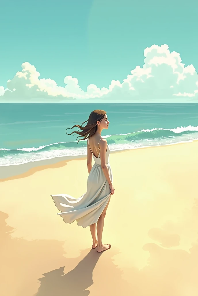 A girl standing   in a beach 