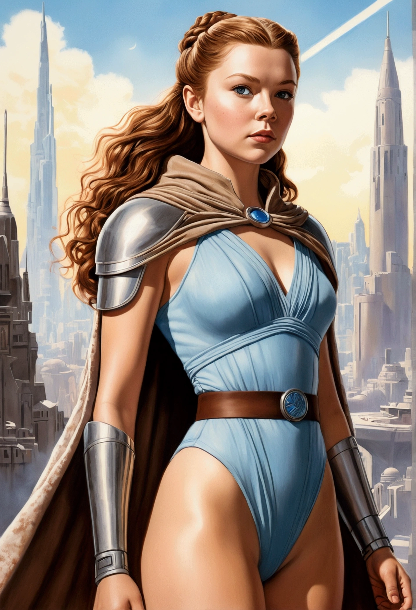 An illustrated movie poster, hand-drawn, full color, a teenage Jedi, 18-years-old, female, wearing a jumpsuit, athletic hourglass figure, busty bosoms, full wide hips, massive round butt, long shapely legs, ridiculously thick powerful thighs, pale blue eyes, mousy brown hair, thick shaggy bangs, rosy sun-kissed complexion, freckles, resembles Margaery Tyrell, standing above Coruscant, graphite shading, stencil marks, airbrushed acrylic paint, masterpiece, in the style of Drew Struzan 