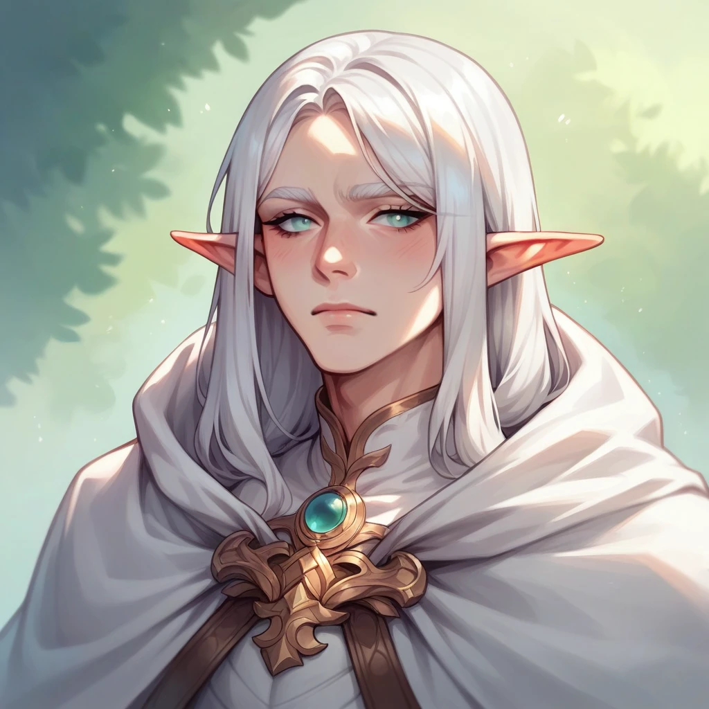 Elf man with long white hair with calm face in white cloak 