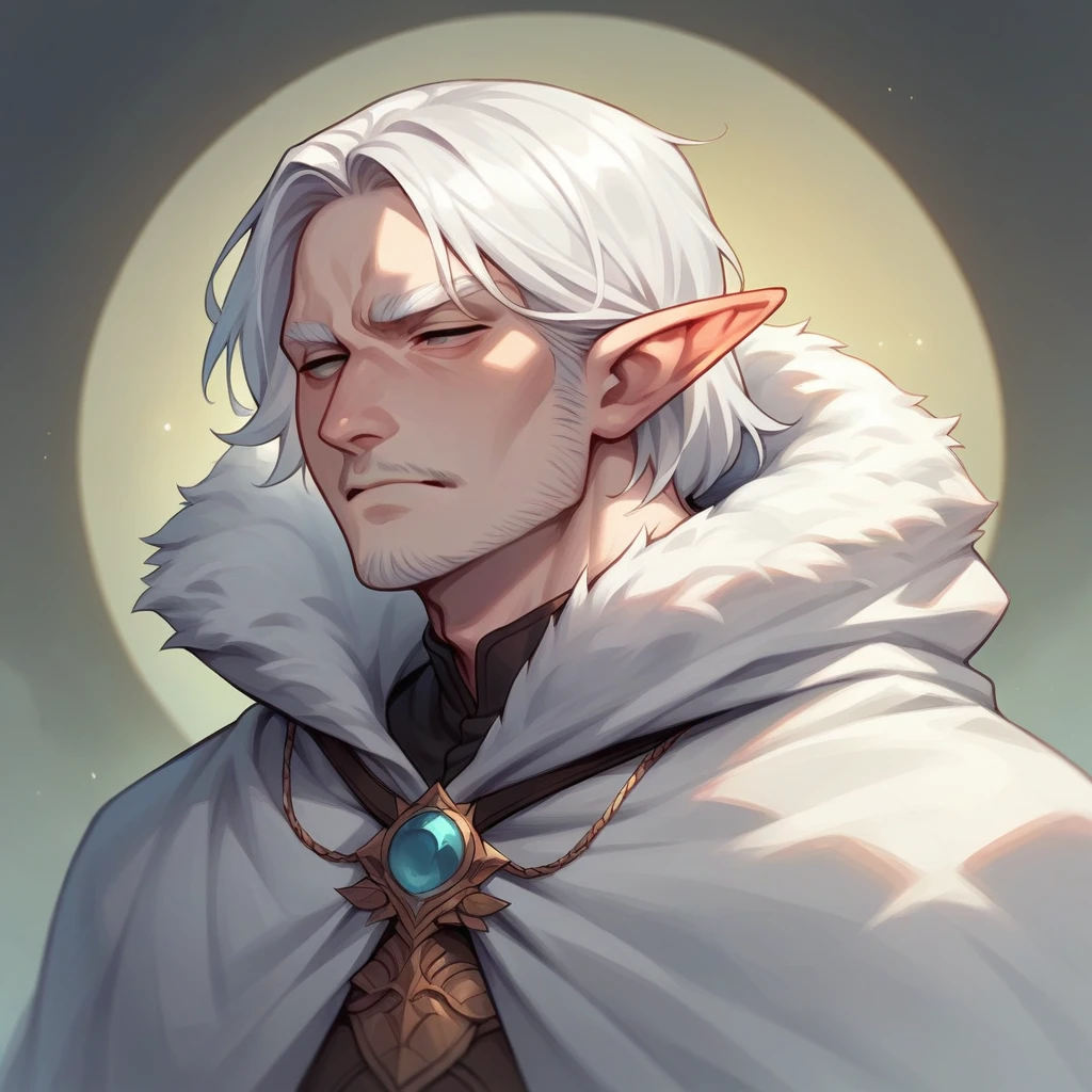 Elf man with long white hair with calm face in white cloak 