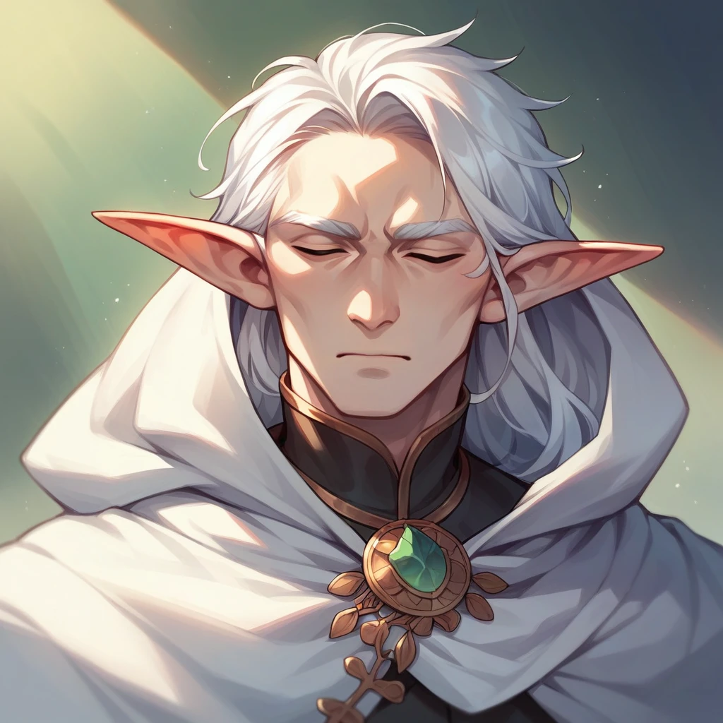 Elf man with long white hair with calm face in white cloak 