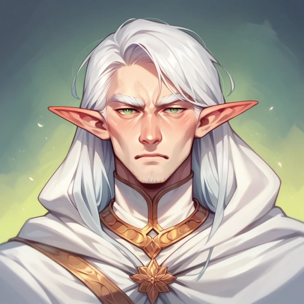 Elf man with long white hair with calm face in white cloak