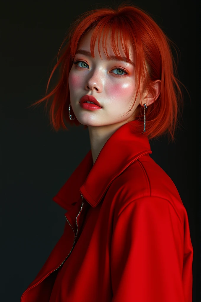 Beautiful woman, dinamic poses, full body, costume red jacket by yoji shinkawa and yohji yamamoto, star eye, blush, perfect illumination, red hair, blue eyes, unreal engine, side lighting, detailed face, bangs, bright skin, simple background, dark background, HD, CGI.