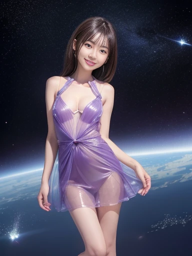 Japanese female, (underweight), (medium bust best quality:1.5), 30 years old, (cheerful grin:1.3),
the galaxy, (floating:1.3), (See-through dress, undone clothing), with shooting stars, full body shot
