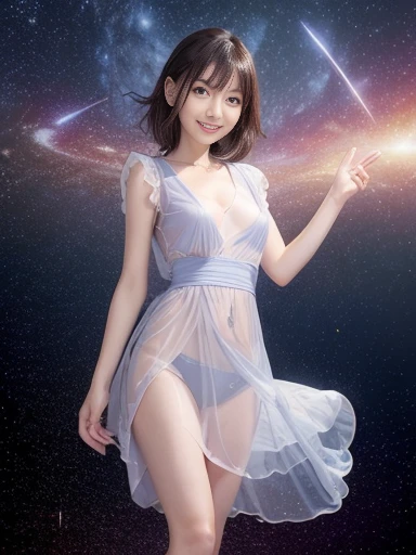 Japanese female, (underweight), (medium bust best quality:1.5), 30 years old, (cheerful grin:1.3),
the galaxy, (floating:1.3), (See-through dress, undone clothing), with shooting stars, full body shot