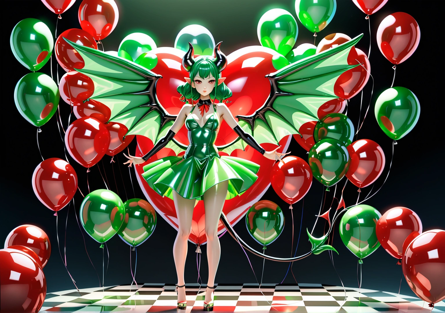 Balloon succubus Japanese adult female 3d transparent rubber metal red balloon big devil wings smooth transparent balloon devil tail devil horns smooth inflatable girl smooth body transparent metallic green gelcoat skirt blowing balloon full body picture front
