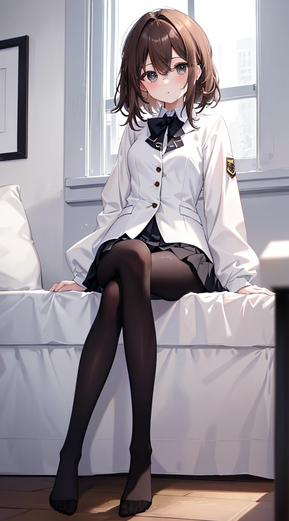 Top quality, masterpiece, High resolution, (Head to toe full body), front, frontやや下からの構図, Symmetric, Tall 1 girl, alone, (Head to toe), (Small breasts), Unkempt brown hair, bangs, (black tights), (Black Pantyhose), (Sit with your legs apart), (Crouching pose), (Composition showing white panties), (Her legs were spread、I see your white pants.), (I was made to sit on the floor with my legs spread..), (M-shaped feet), Thin legs, Very beautiful and tall, (No shoes), blush, Shy big eyes, looking at the camera, Blazer Uniform, Checkered Pleated Skirt