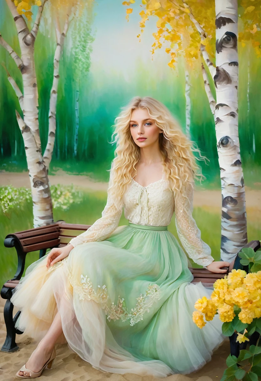 Blonde Russian babe with green eyes walking by the sand. A stylized, romantic woman with loose, flowing fluffy curly blond hair, wearing soft romantic colored clothes made from tulle, ribbons and lace, sitting on a bench in a park square, surrounded by many Whimsically beautiful flowers. Ethereal background with tall, thin birch trees with yellow leafs , impasto, airbrush and brush strokes, chiaroscuro, romantic scenery, Whimsically beautiful scenery..