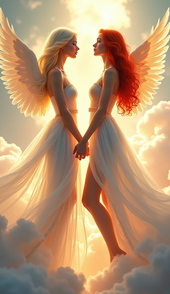 A very beautiful blonde female angel and a very beautiful redhead female angel, Full body very thin dress