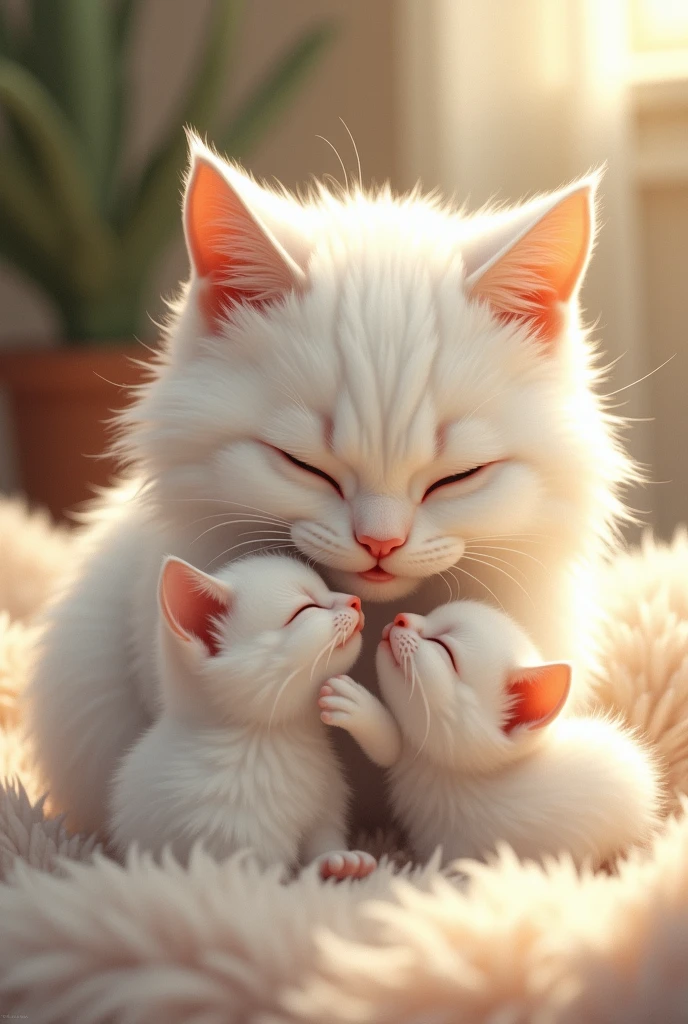 White cat mom playing with kitten