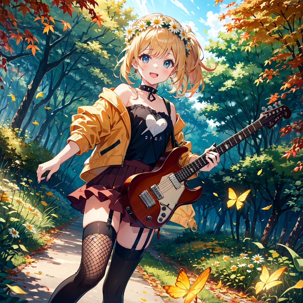 masterpiece, best quality, very aesthetic, absurdres,official art,
1girl, solo,,cute,kawaii,,petie,cawboy shot,dutch angle,
smile,open mouth, playing a electric guitar,
10yo,ponytail,long hair,blonde hair,Iridescence and rainbow_hair, blue eyes,
black musician,black t-shirt, idol print t-shirt, cropped jacket, dark red skirt, layered skirt, black ankle boots, heart choker,
black g-string, garter belt, black strapless bra, black torn fishnet thighhighs,
spiked bracelet, scrunchie, lip piercing, navel piercing, black nails,
outdoors,autumn, autumn leaves,daisy,falling leaves, fish, flower, flower wreath, ginkgo leaf,
head wreath,leaf on head, leaves in wind, lemon, lemon slice,maple leaf, orange \(fruit\),orange flower,orange slice, orange theme, petals,yellow butterfly, yellow flower