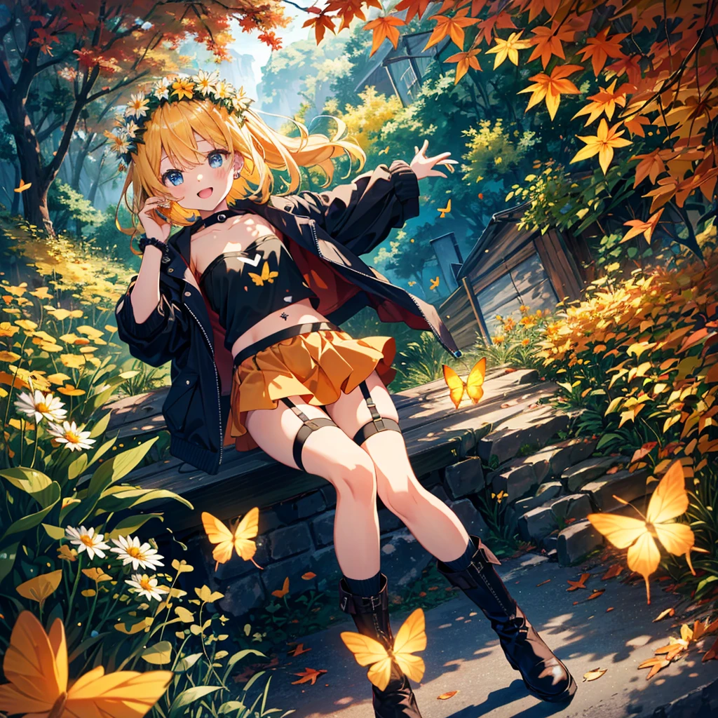masterpiece, best quality, very aesthetic, absurdres,official art,
1girl, solo,,cute,kawaii,child,petie,cawboy shot,dutch angle,
smile,open mouth, playing a electric guitar,
10yo,ponytail,long hair,blonde hair,Iridescence and rainbow_hair, blue eyes,
black musician,black t-shirt, idol print t-shirt, cropped jacket, dark red skirt, layered skirt, black ankle boots, heart choker,
black g-string, garter belt, black strapless bra, black torn fishnet thighhighs,
spiked bracelet, scrunchie, lip piercing, navel piercing, black nails,
outdoors,autumn, autumn leaves,daisy,falling leaves, fish, flower, flower wreath, ginkgo leaf,
head wreath,leaf on head, leaves in wind, lemon, lemon slice,maple leaf, orange \(fruit\),orange flower,orange slice, orange theme, petals,yellow butterfly, yellow flower