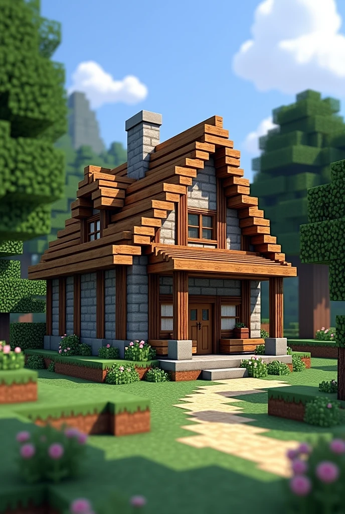 Create a medium sized house made of wood and stone in Minecraft