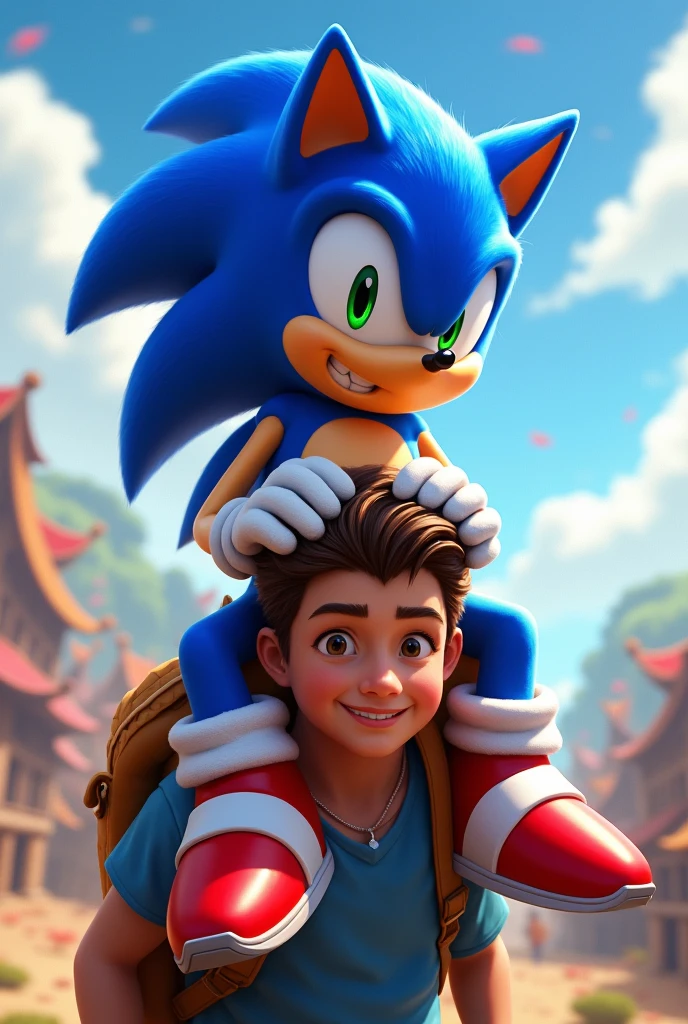 Sonic sitting on front of shoulders