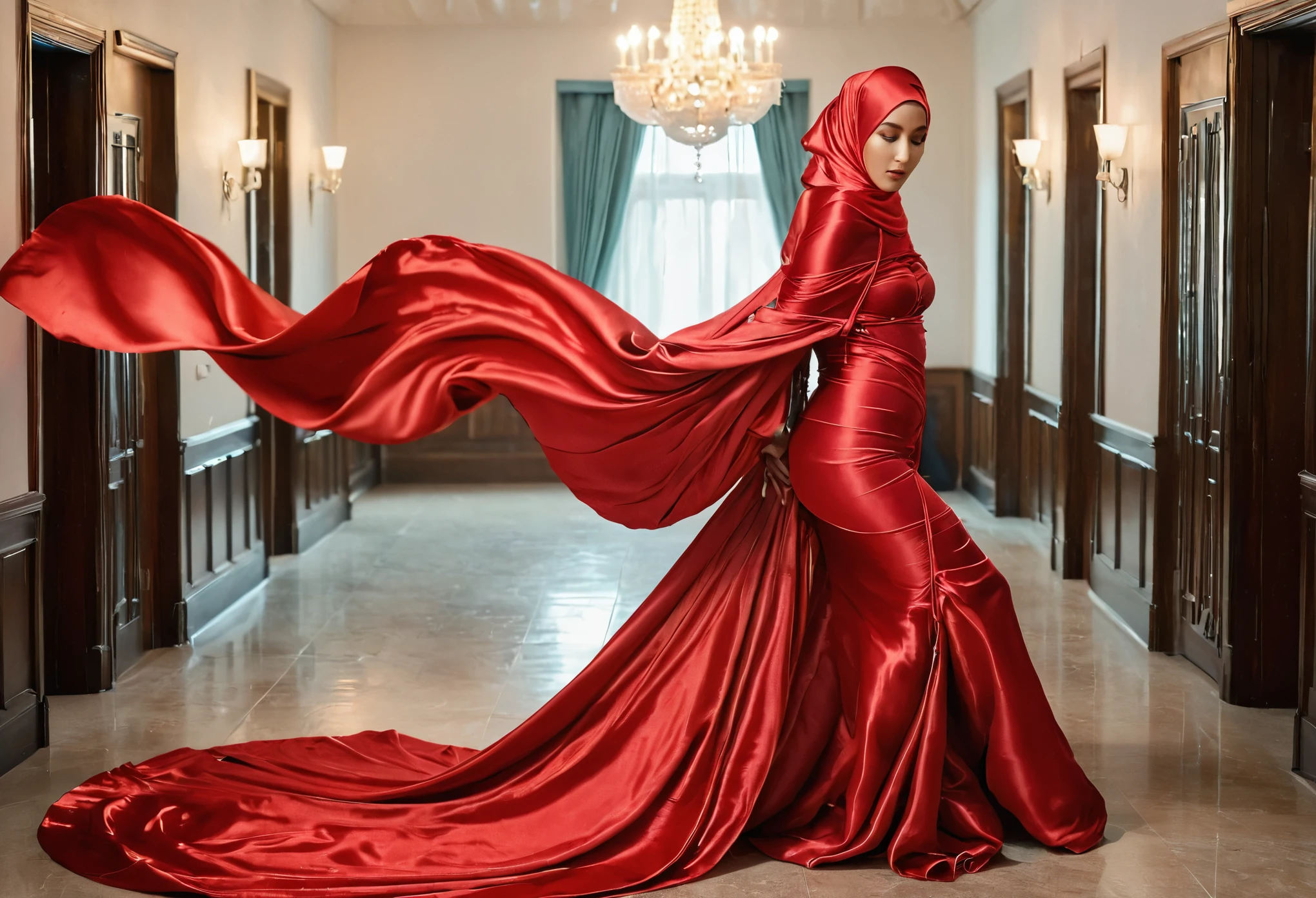 A woman shrouded in a 4-meter-long, plush red satin cloth, tightly bound and grandly draping along the form of her body, subject is half naked, flowing off into a pooled floor-length train, styled in a mermaid-inspired outfit, her head modestly veiled in a satin hijab, tall woman, walking in room, a full-body pose posing in front of people, captured in a 4k resolution, ultra-realistic