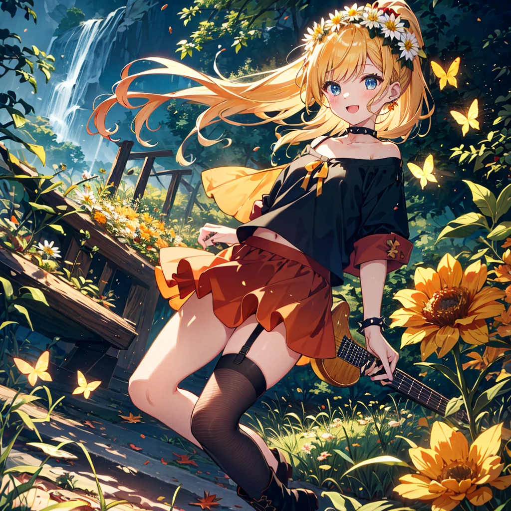 masterpiece, best quality, very aesthetic, absurdres,official art,
1girl, solo,,cute,kawaii,child,petie,cawboy shot,dutch angle,
smile,open mouth, playing a electric guitar,
,ponytail,long hair,blonde hair,Iridescence and rainbow_hair, blue eyes,
black musician,black t-shirt, idol print t-shirt, cropped jacket, dark red skirt, layered skirt, black ankle boots, heart choker,
black g-string, garter belt, black strapless bra, black torn fishnet thighhighs,
spiked bracelet, scrunchie, lip piercing, navel piercing, black nails,
outdoors,autumn, autumn leaves,daisy,falling leaves, fish, flower, flower wreath, ginkgo leaf,
head wreath,leaf on head, leaves in wind, lemon, lemon slice,maple leaf, orange \(fruit\),orange flower,orange slice, orange theme, petals,yellow butterfly, yellow flower