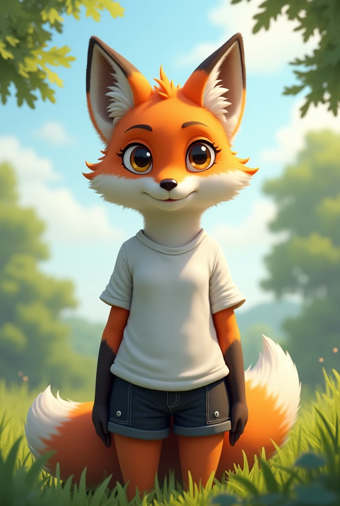 (masterpiece), expressive eyes, perfect face, correct anatomy, (furry:1.2), (fluffy:1.1), (anthro:1.2), (snout:1.2), very long hair, (gynomorph:1.4), fox ears, two-tone fur, body fur, closed eyes, fox tail, white shirt, black shorts, smile, sky, tree, grass, hands down