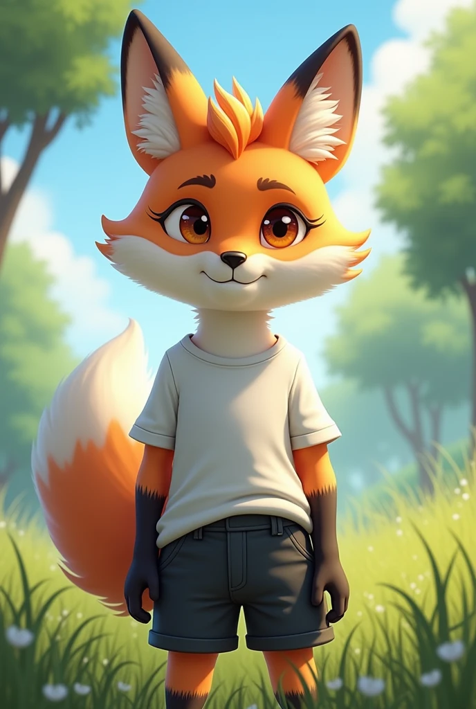 (masterpiece), expressive eyes, perfect face, correct anatomy, (furry:1.2), (fluffy:1.1), (anthro:1.2), (snout:1.2), very long hair, (gynomorph:1.4), fox ears, two-tone fur, body fur, closed eyes, fox tail, white shirt, black shorts, smile, sky, tree, grass, hands down