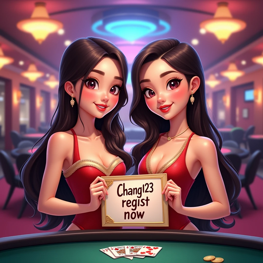PG SLOT >> [chang123th.featuring] Direct web, upper body, two beautiful Thai women holding a sign "CHANG123 REGIST NOW" Cheerful, Happy, Casino Background, Thai Dress, Real Cartoon Pixar, Broken Chest, Standing Behind Poker Table, White Skin