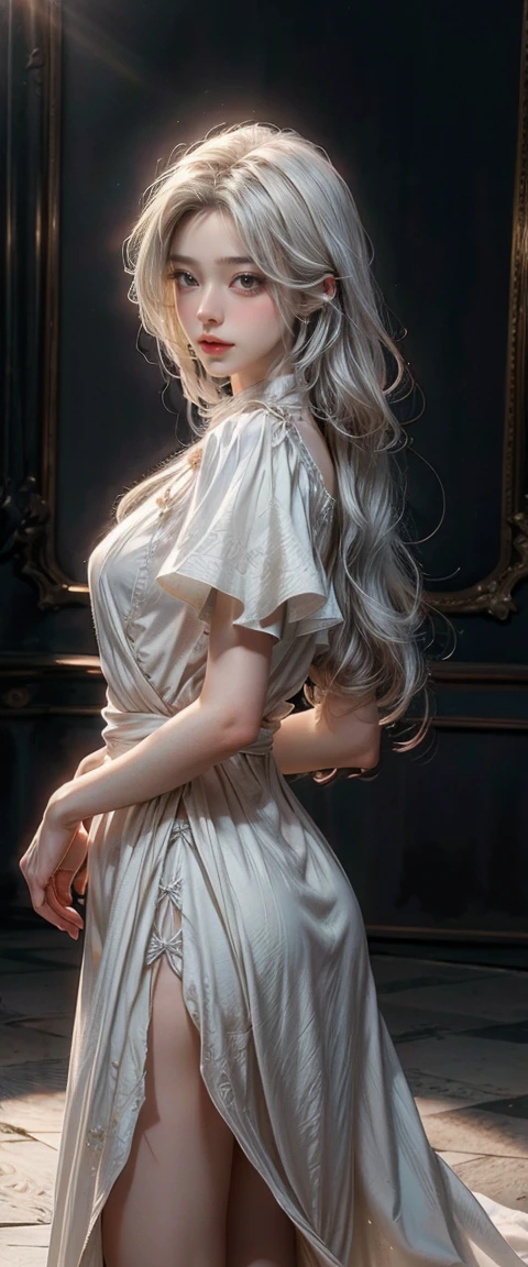 photorealistic, masterpiece, photorealistic, high resolution, soft light, waist up, blue eyes, white hair, long hair, dress