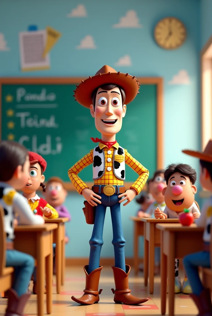 generates an image of a banner with a toy story theme, wody dressed as a teacher, the other characters in a classroom, at the top with the phrase welcome and followed by the phrase Profe Vini in Spanish