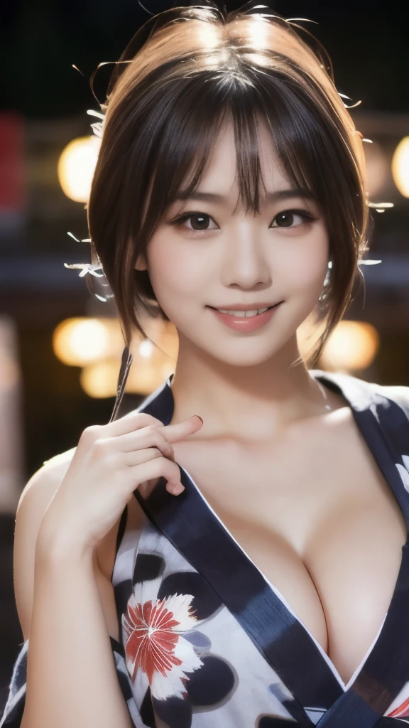 8k,Highest quality,(masterpiece:1.2),(Realistic),(Realistic:1.37),Ultra-high resolution,1 female college student,city,smile,Beautiful Eyes,Summer festival,(((Beautiful yukata))),Big Breasts,Perfect body,Perfect Fingers,Professional Lighting,gravure,Detailed face and skin texture,fine grain,RAW Photos