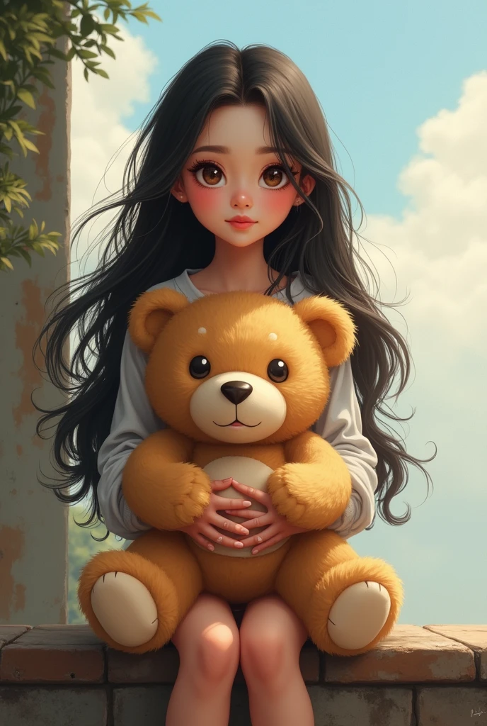 a khmer woman with long hair sitting on a ledge with a teddy bear, realistic cute girl painting, adorable digital painting, cute detailed digital art, cute digital art, cartoon digital painting, madison beer girl portrait, digital cartoon painting art, realistic art style, cute portrait, kawaii realistic portrait, cartoon digital art, 🤤 girl portrait, realistic cartoon, trending on artstration