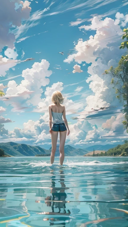 (masterpiece: 1.2, Portraiture, Highest quality), Realistic, (Live Action, Intricate details, Written boundary depth), Highest quality, masterpiece, Attention to detail, semi-Realistic, Swimming in the lake, shy, 2, Short blonde, blue eyes, blonde、 Slim figure、Shoulder Bare、Shorts and T-shirt 、Blue sky and a few clouds、Shoulder Bare