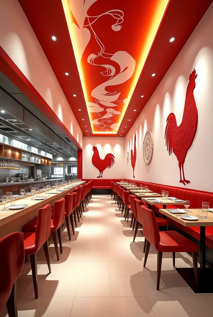 A hall for a restorant, Walls panited white and red and Has a Chicken picture, an open kitchen on the left side and chefs working, red and white abstract cceiling with d/f spot lights, redish Brown light from the spot lights