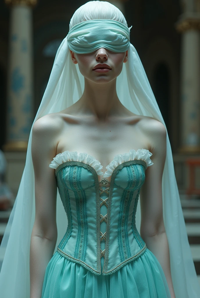Bird´s-eye view, blindfolded White french woman with super extremly tight tiny waist and see through sheer turquoise corset, beautiful ta dress with petticoat, blindfolded and a long white veil, Bird´s-eye view, sf, intricate artwork masterpiece, ominous, matte painting movie poster, golden ratio, trending on cgsociety, intricate, epic, trending on artstation, by artgerm, h. r. giger and beksinski, highly detailed, vibrant, production cinematic character render, ultra high quality model