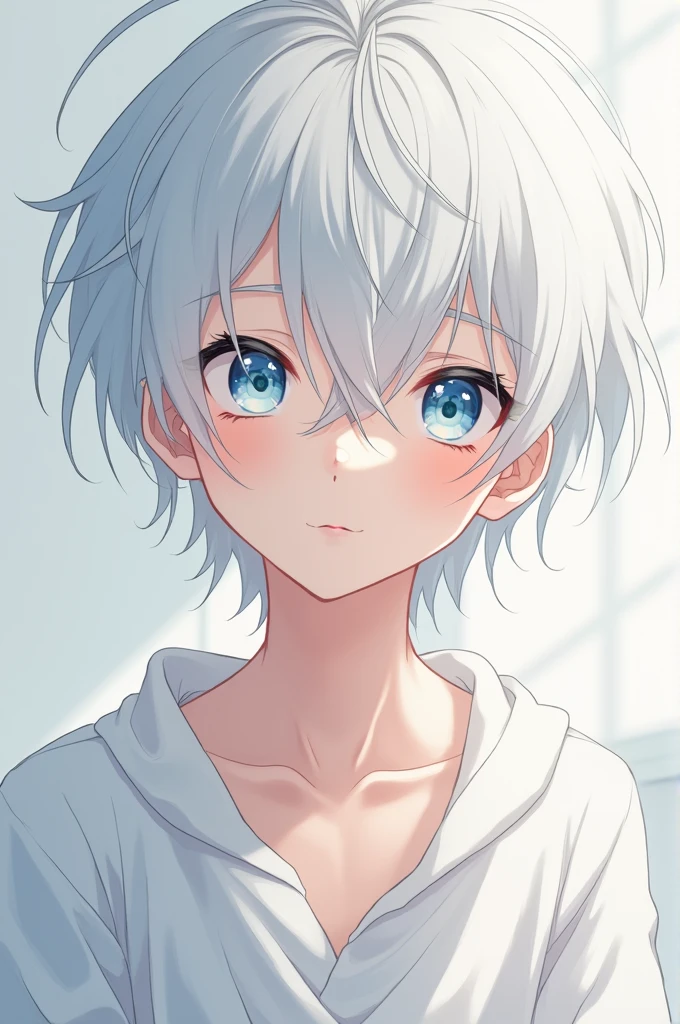 A cute anime boy with white hair and blue eyes