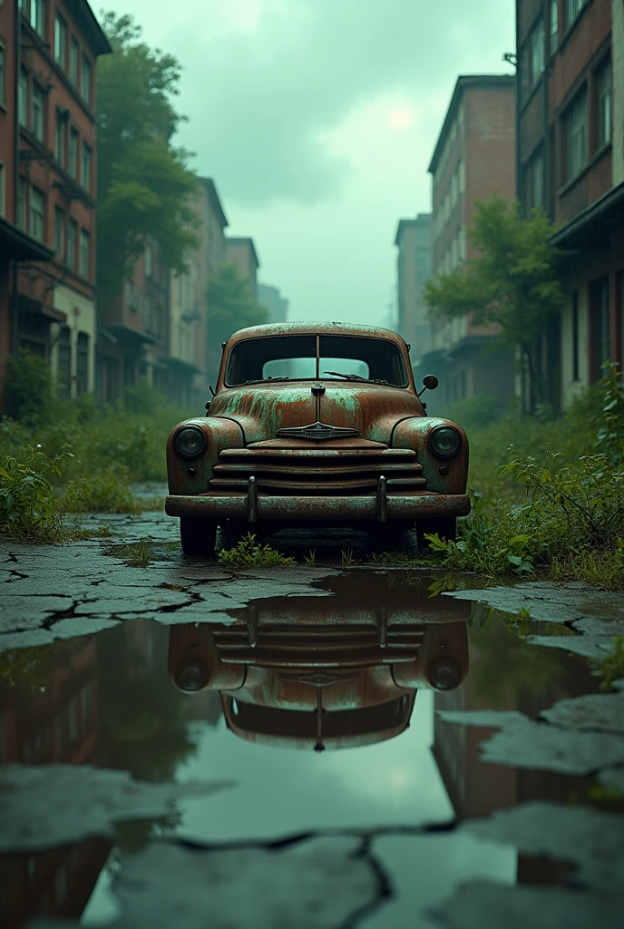 a rusty old car, Post-apocalyptic city street scene, trees all over, Danger room, Cracked pavement, Overgrown, dark dramatic sky, green, light rain, car reflection on water, reflection photography, movie lighting, Film composition, Very detailed, Realistic