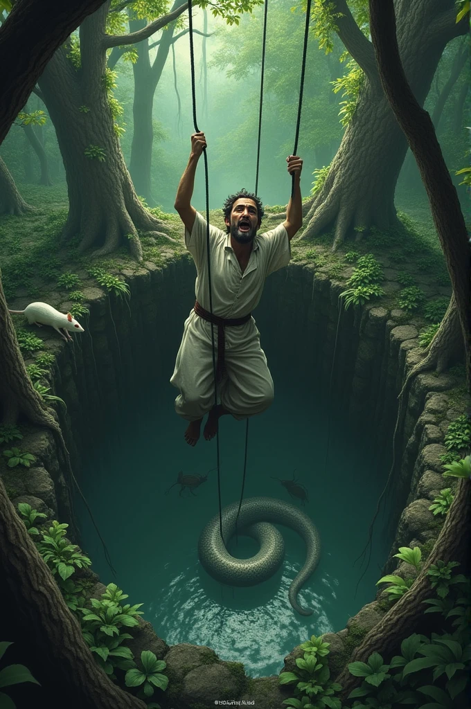 Muslim man in deep forest. Falling into a well and hanging by a rope. And a white rat on the rope, a black rat. A huge snake down inside the well. Inside the well is a beehive in the tree.