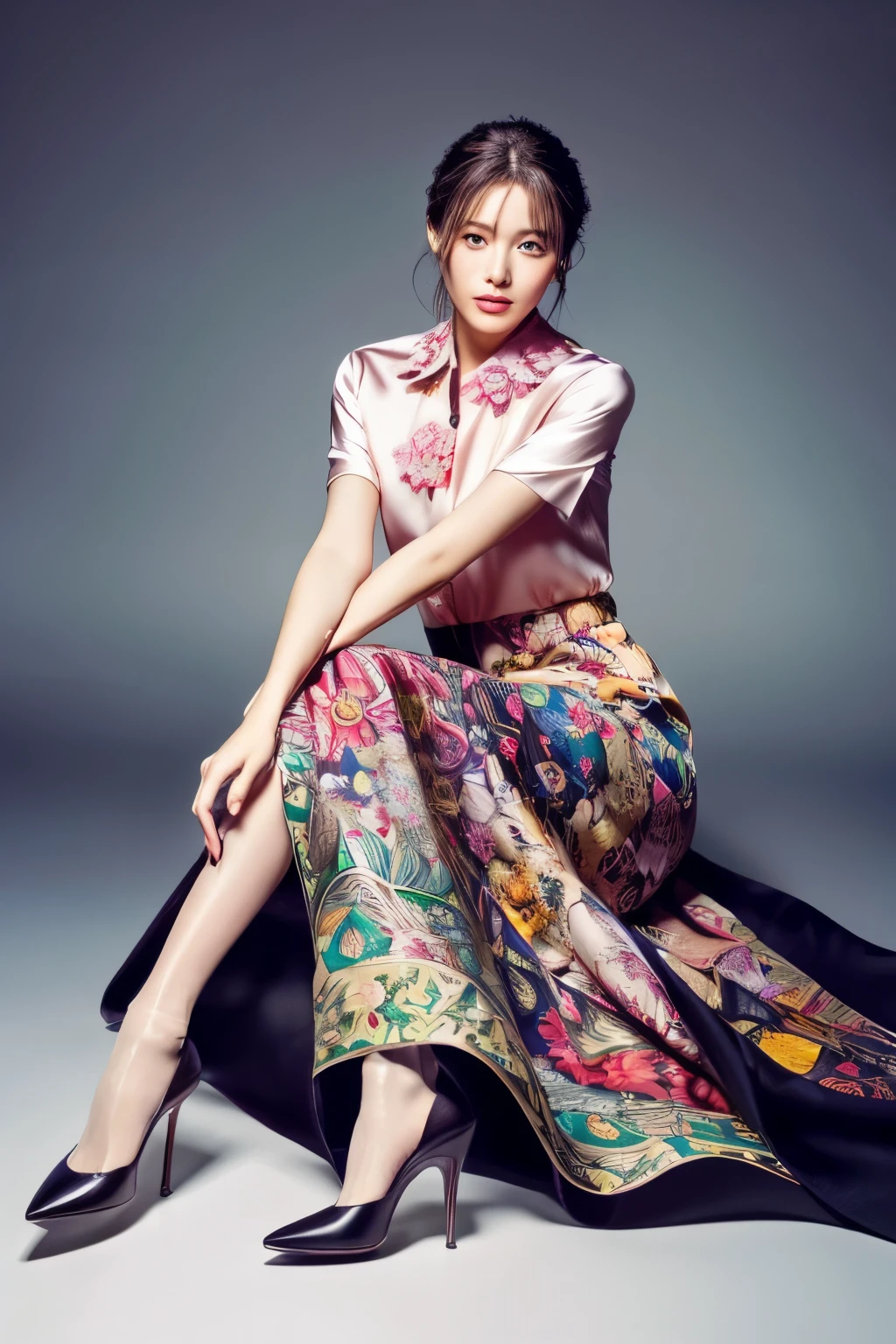 colorful shirt with collar、(long skirt with floral pattern:1.2)、(silk pantyhose)、(She is sitting, showing off her beautiful legs and high heels)、1 girl、(Delicate face、Detailed eyes and face、double eyelid、Glossy lips)、Moisturized skin、Highly detailed face and skin texture、Two well-balanced legs、((Highest quality、Ultra-high resolution、masterpiece、8k))、((Perfect Anatomy、Anatomically correct))、(Full Body Portrait)、Modern architecture at night on the background、Professional Lighting