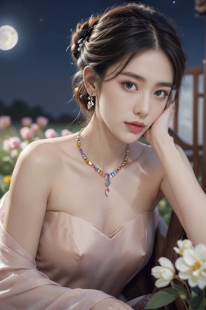 (((best quality))),(((ultra detailed))),(((masterpiece))),illustration,((1 beautiful girl,solo)),(neat chignon:1.2),((earrings,crystal necklace)),((slim,thin)),((small breasts,flat chest)),(a moon in the clear night sky as the background:1.3), gentle glow,(in the world full of vibrant flowers:1.3),(strapless gorgeous sheer bra:1.3),sparkling eyes,graceful,(surrounded by crowded colorful flowers:1.5), kaleidoscope, shimmer,bright moonlight, delicate petals, fragrance, otherworldly, magical realm, enchantment, tranquility, essence of beauty, peace,(outdoor:1.2),(night scene:1.3),((from front,close-up of face))