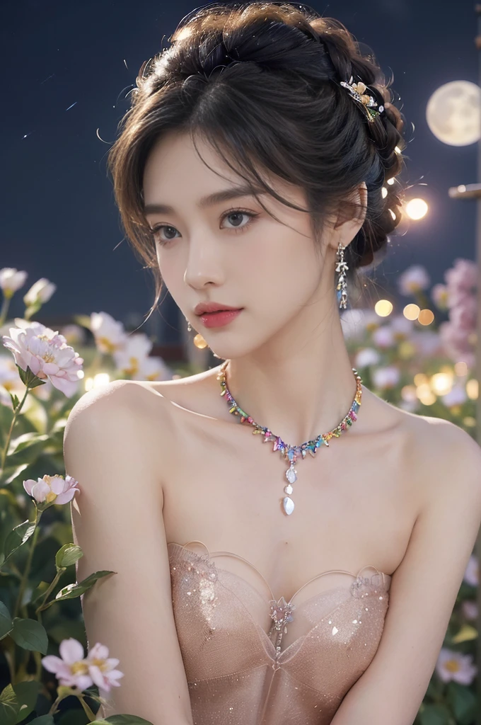 (((best quality))),(((ultra detailed))),(((masterpiece))),illustration,((1 beautiful girl,solo)),(neat chignon:1.2),((earrings,crystal necklace)),((slim,thin)),((small breasts,flat chest)),(a moon in the clear night sky as the background:1.3), gentle glow,(in the world full of vibrant flowers:1.3),(strapless gorgeous sheer bra:1.3),sparkling eyes,graceful,(surrounded by crowded colorful flowers:1.5), kaleidoscope, shimmer,bright moonlight, delicate petals, fragrance, otherworldly, magical realm, enchantment, tranquility, essence of beauty, peace,(outdoor:1.2),(night scene:1.3),((from front,close-up of face))