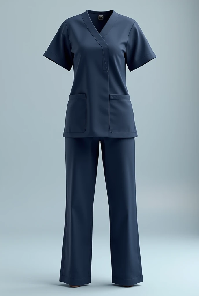 Two Medical scrubs, female , 3D, Dark Navy blue and Top and bottom, top with upper pocket and lower two pockets , free top and bottom, make sure top and bottom with same color and upper pocket in the top, only scrub without a person , give separate top and bottom , gap between two