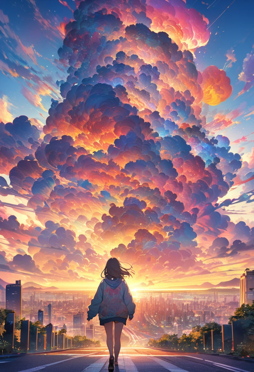 Create exquisite illustrations reminiscent of Makoto Shinkai's style, It has ultra-fine details and top-notch quality. angelic, detailed woman who is walking, woman wearing hoodie, highest billding in city, road, sunrise, horizon, skyline, in the sky, city of clouds, colorful, high-res, 8K