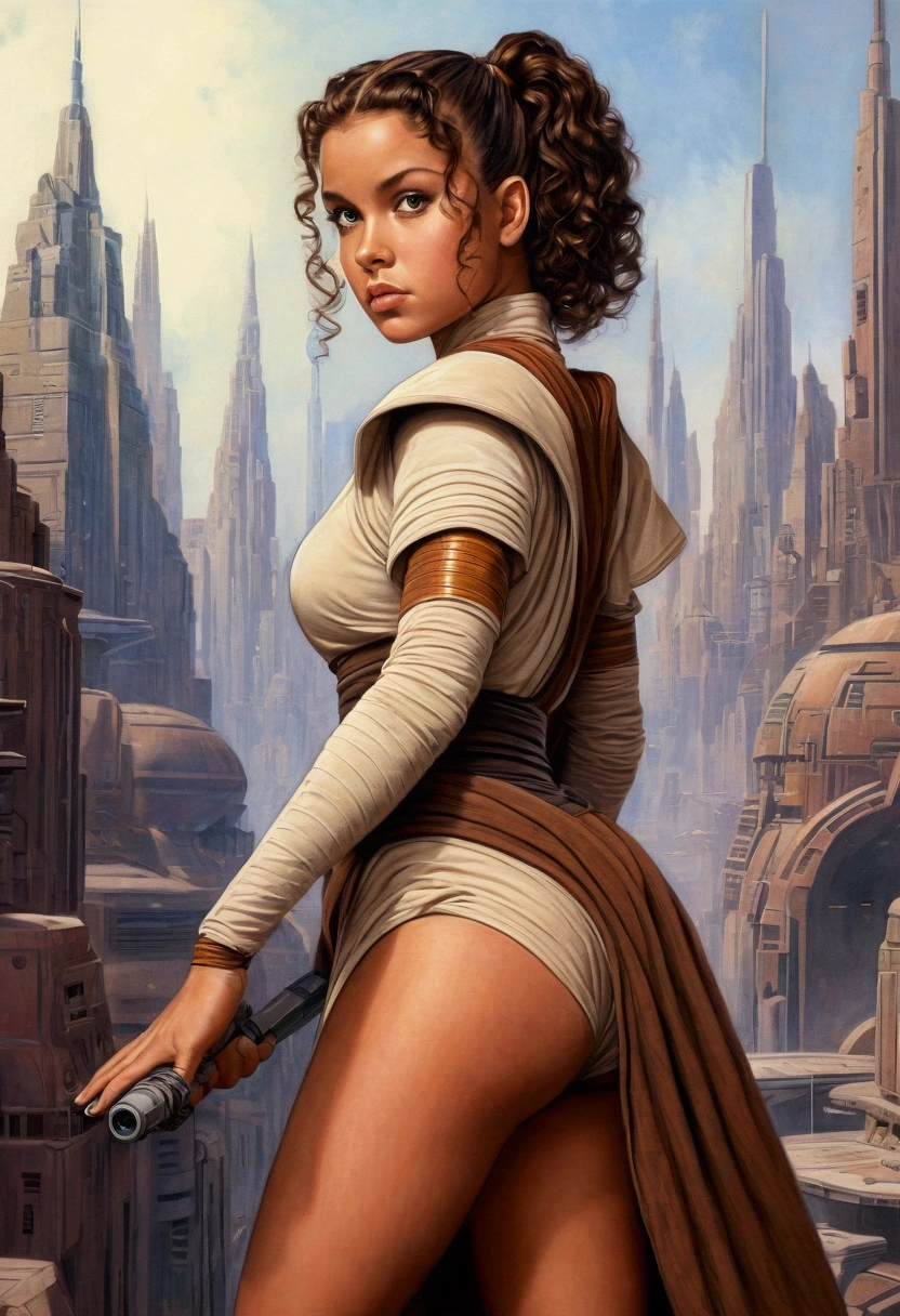 An illustrated movie poster, hand-drawn, full color, a age Jedi, 18-years-old, female, wearing a mini-dress, athletic hourglass figure, busty bosoms, full wide hips, massive round butt, long shapely legs, ridiculously thick powerful thighs, hazel eyes, dark hair, curly ponytail, warm brown complexion, resembles Alexandra Shipp, standing above Coruscant, graphite shading, stencil marks, airbrushed acrylic paint, masterpiece, in the style of Drew Struzan